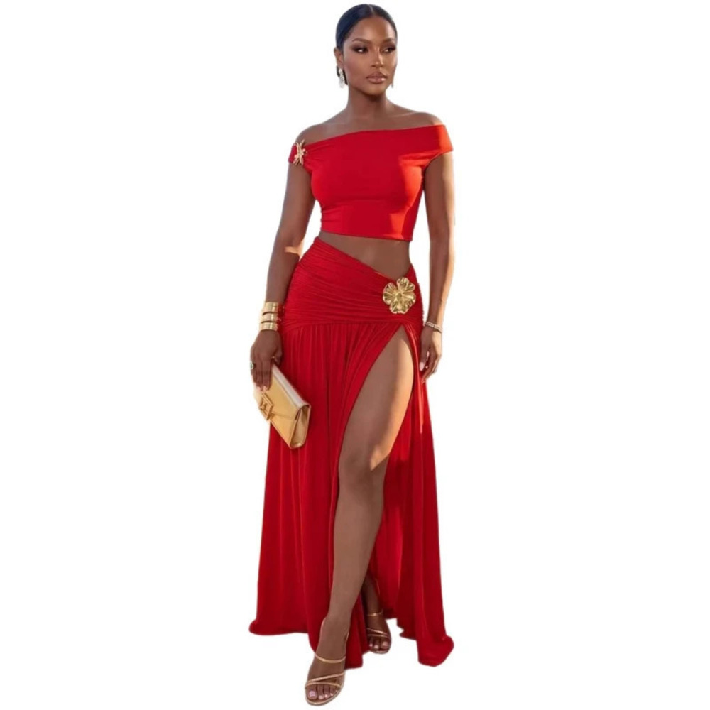 ZARA African Style Sexy Off Shoulder Solid Top Split Skirt Set